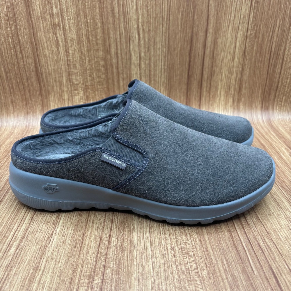 Skechers GoWalk Joy Suede Mule Charcoal Gray Womens 11 Faux Fur Lining 15530